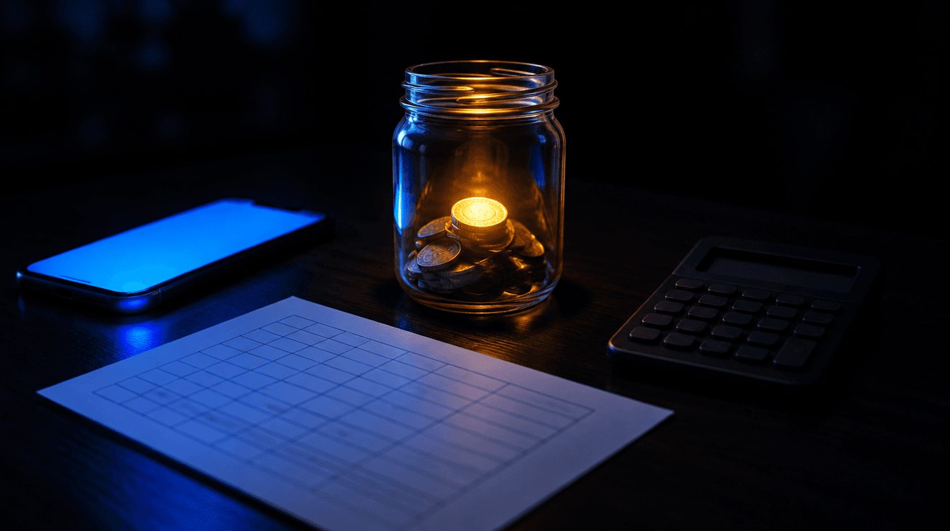 Un bote de cristal con monedas y una moneda amarilla brillante junto a una hoja con una cuadrícula vacía y una calculadora.