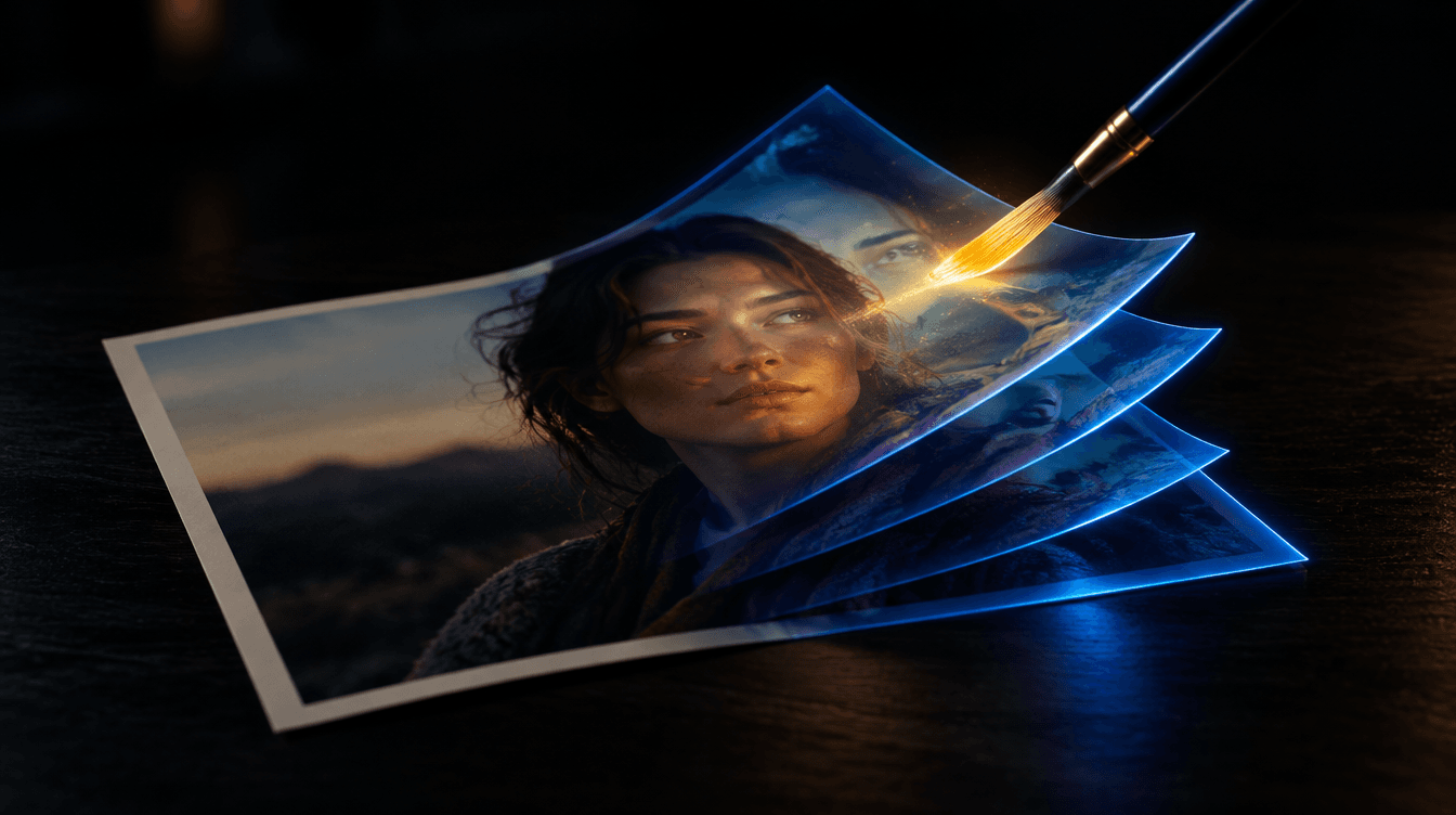 Una foto impresa que se separa en capas luminosas mientras un pincel de luz amarilla retoca una de ellas.