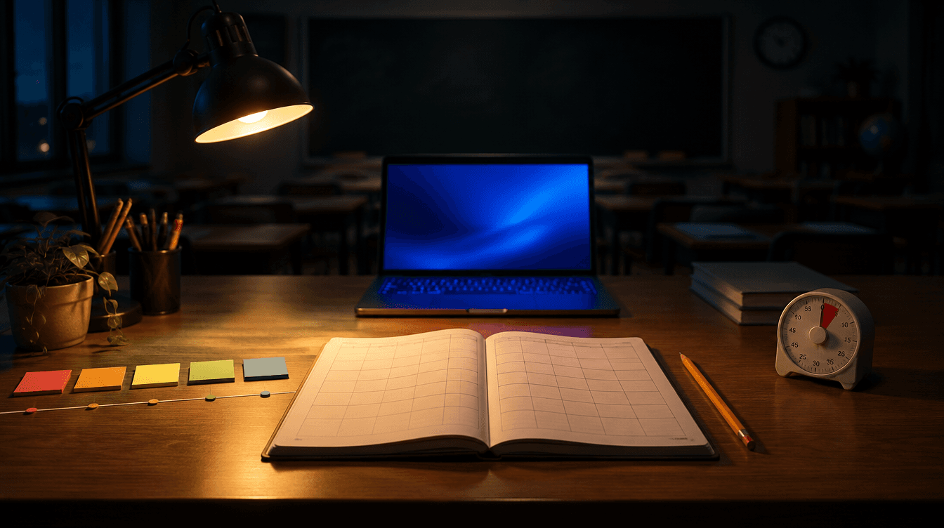 Un cuaderno abierto con una cuadrícula de planificación, notas adhesivas y un temporizador sobre la mesa de un aula, con luz azul y amarilla.