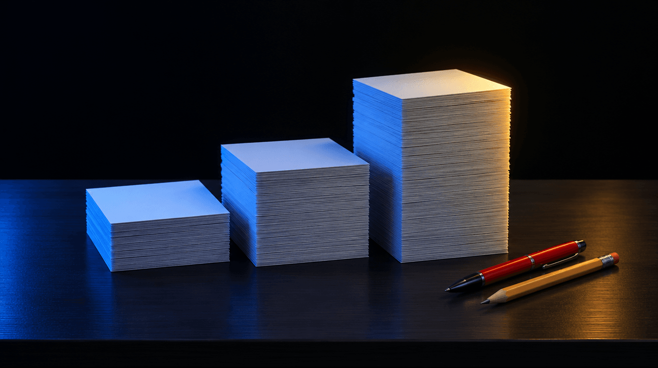 Tres montones de hojas de examen en blanco ordenados como escalones, con un bolígrafo rojo y luz azul y amarilla.