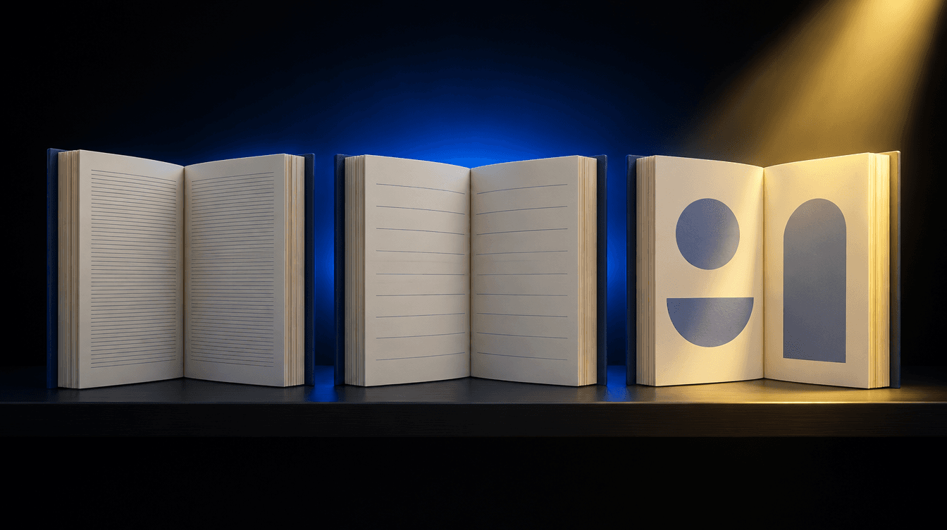 Tres libros abiertos en fila, de páginas densas a páginas sencillas, con luz azul y un foco amarillo sobre el último.