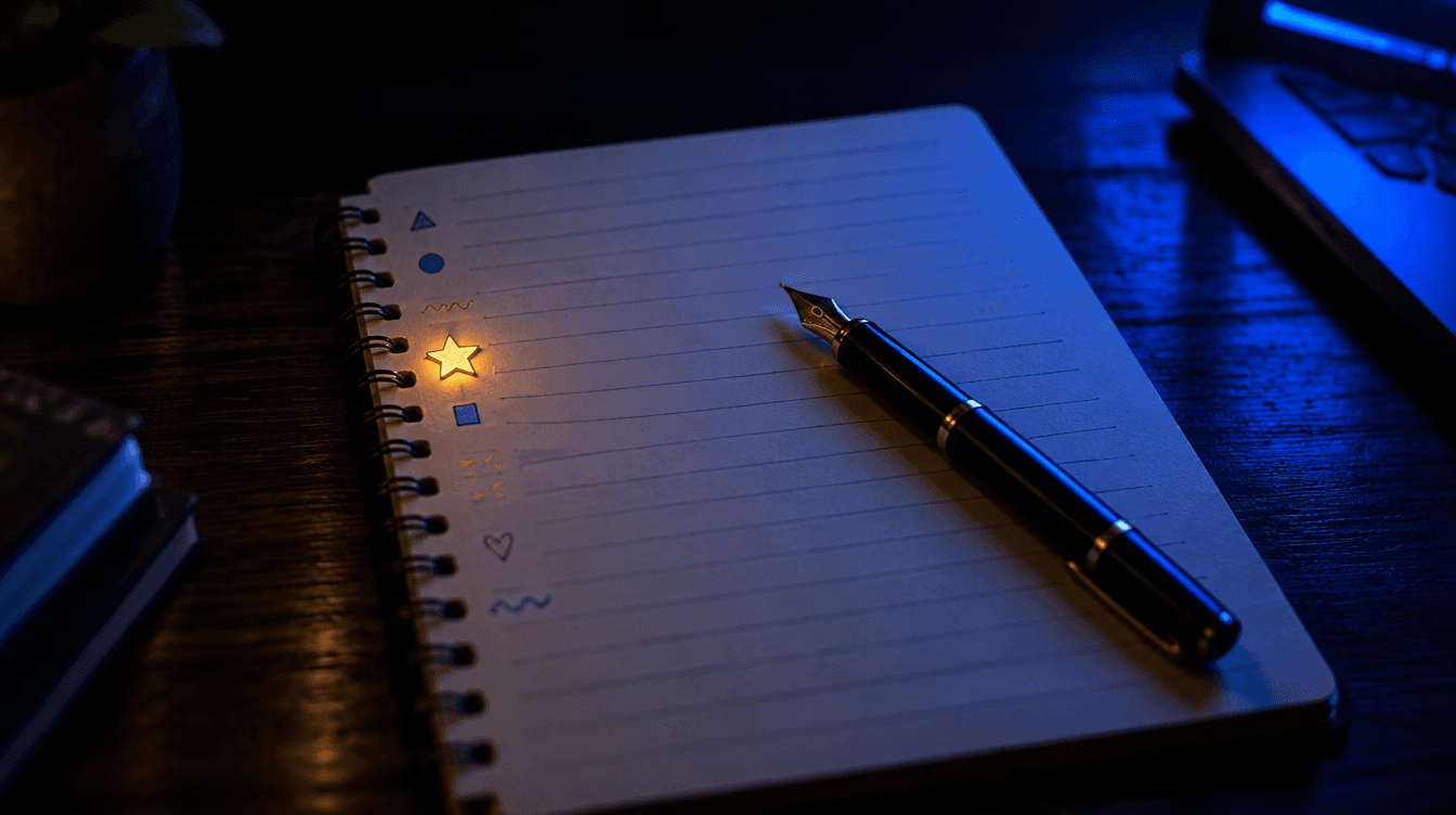 Un cuaderno con una pluma encima y una pequeña estrella amarilla en el margen, iluminado con luz azul sobre una mesa oscura.