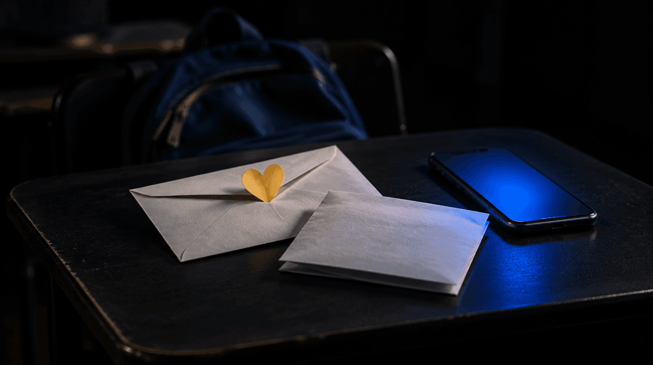 Un sobre con una carta y un pequeño corazón amarillo junto a un móvil con luz azul, sobre la mesa de un aula.