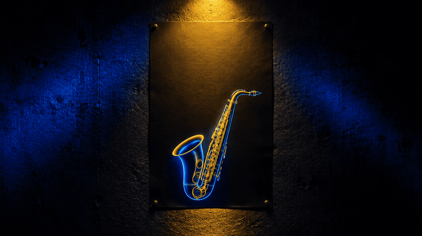Un cartel vertical colgado en una pared oscura con un saxofón dibujado con líneas de neón y un hueco libre arriba, con luz azul y amarilla.