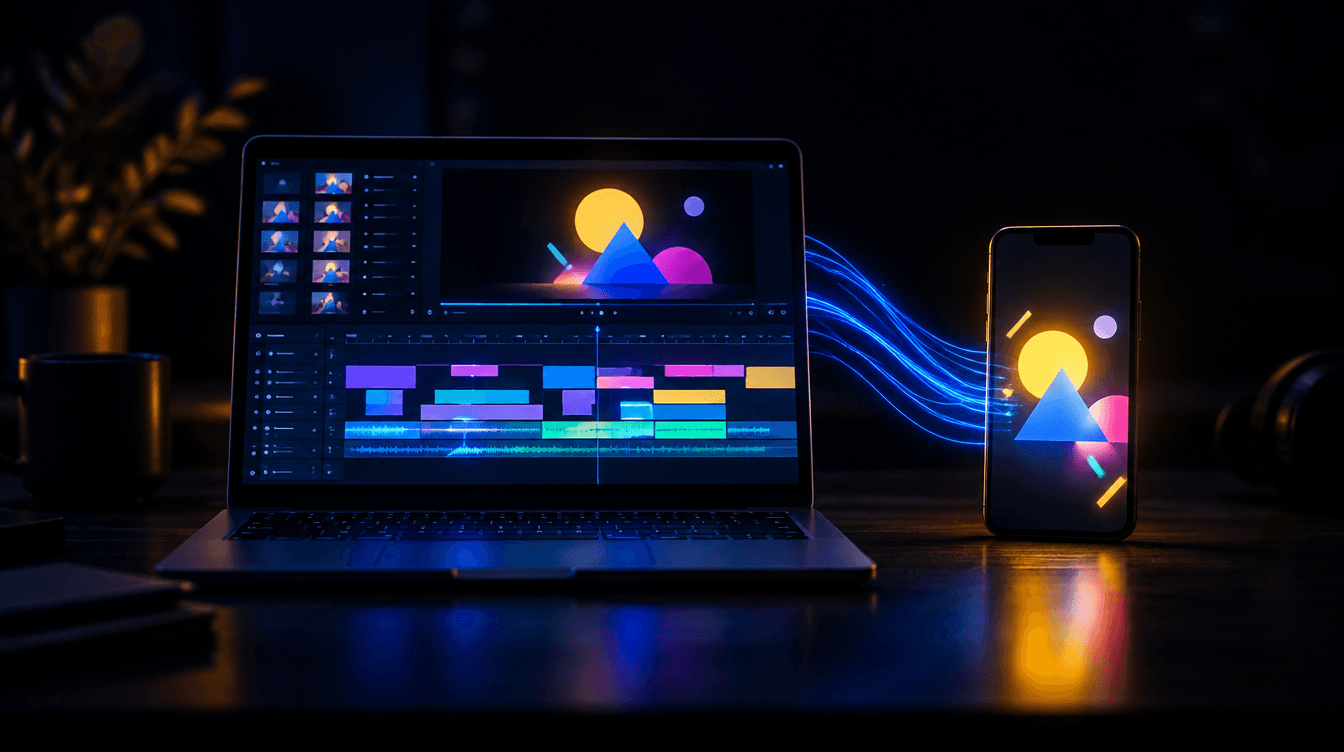 Portátil en un escritorio oscuro con una línea de tiempo de vídeo luminosa y, a su lado, un móvil vertical que reproduce una animación con formas geométricas, unidos por estelas de luz azul.