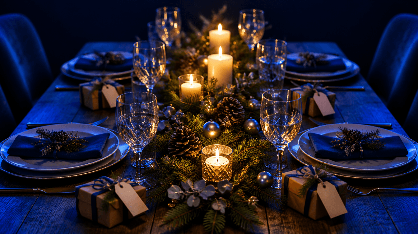 Una mesa de Navidad con velas, platos, copas, ramas de pino y pequeños regalos envueltos junto a cada plato.