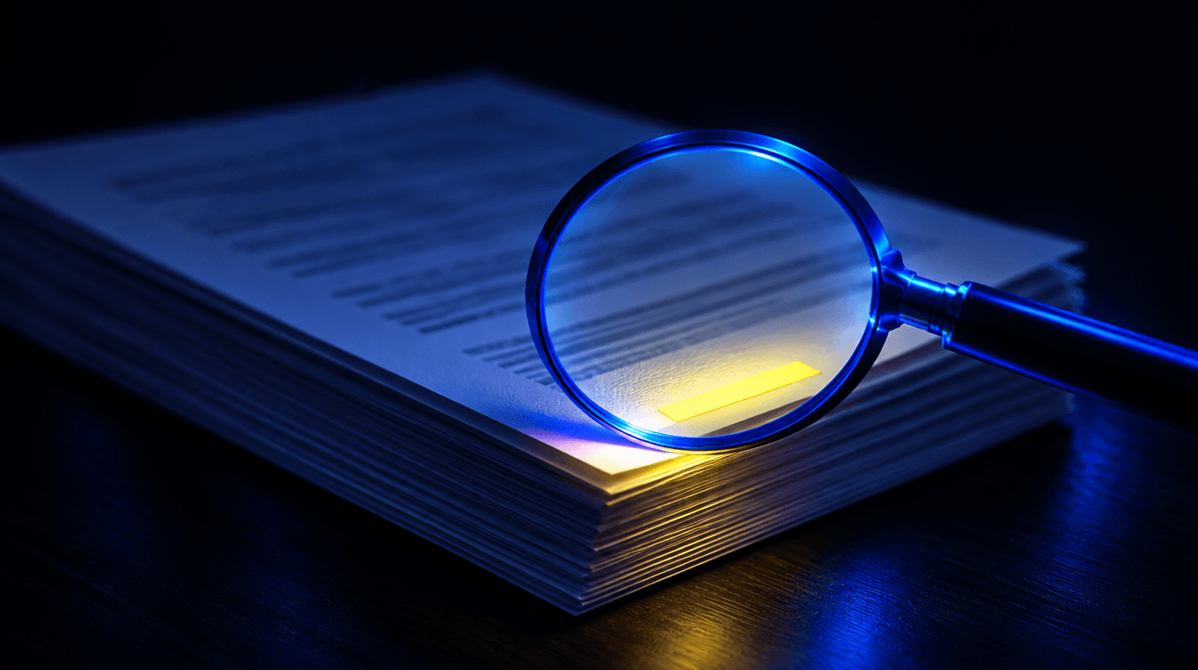 Una lupa azul sobre un montón de documentos ilumina en amarillo una franja de la esquina inferior de la primera página.