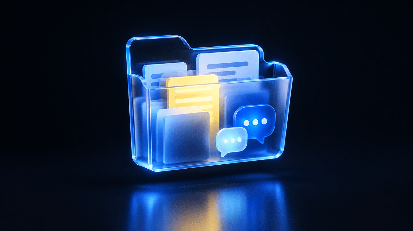 Una carpeta de cristal flotante con tarjetas de documentos y burbujas de chat ordenadas, iluminada en azul y amarillo.