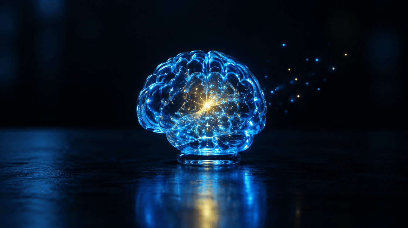 Un farol de cristal con forma de cerebro lleno de partículas de luz azul y una chispa amarilla en el centro.