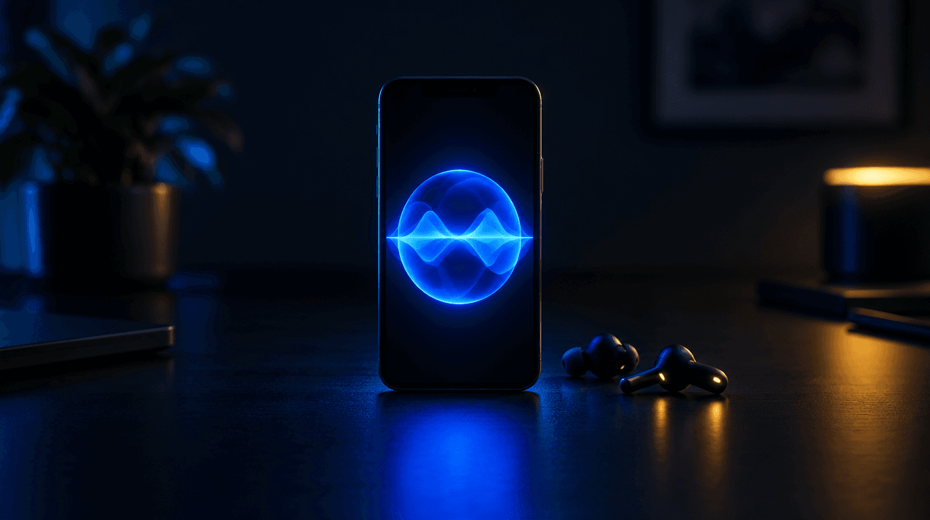 Un móvil sobre una mesa oscura con una onda de sonido azul brillante en la pantalla y unos auriculares al lado.