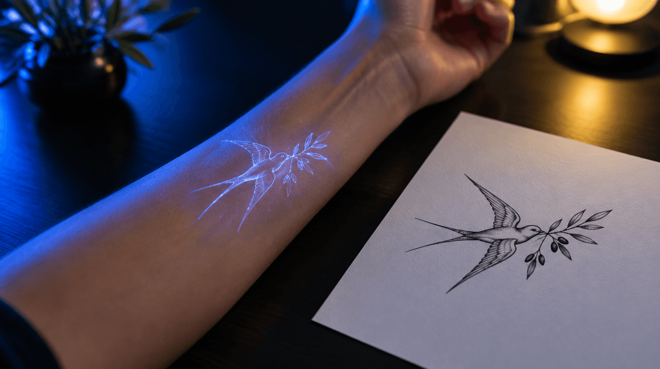 Un antebrazo junto a un papel con el dibujo de una golondrina y la vista previa del tatuaje proyectada sobre la piel.