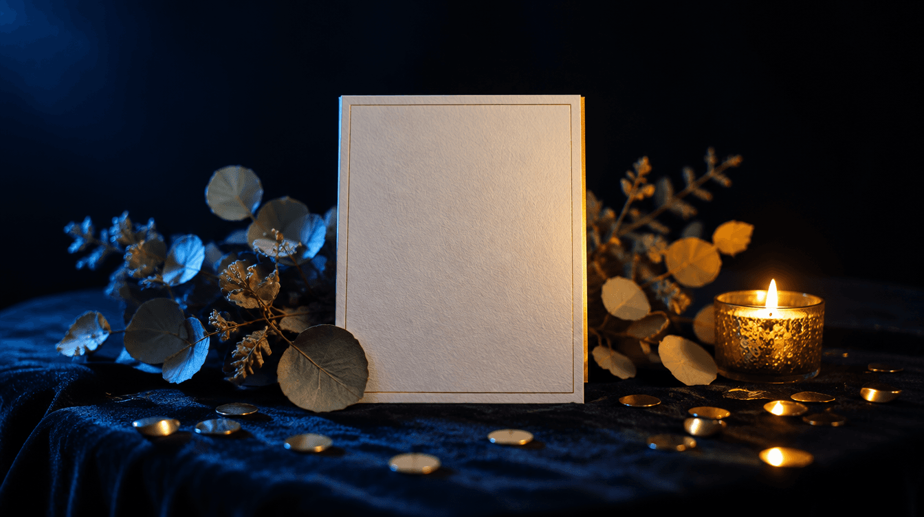 Tarjeta de invitación en blanco sobre una mesa oscura, con hojas secas, confeti dorado y una vela encendida.