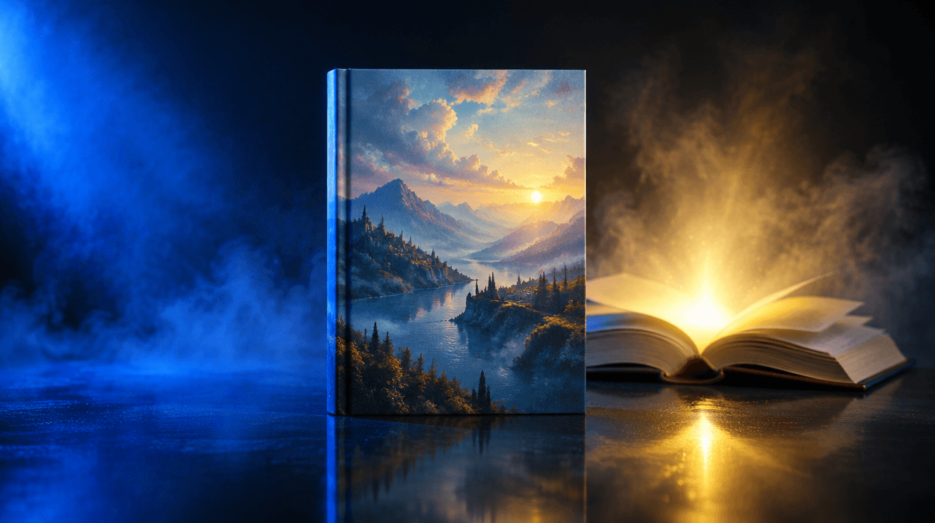 Libro de tapa dura con una ilustración en la portada, sobre fondo oscuro con luz azul y un brillo amarillo.