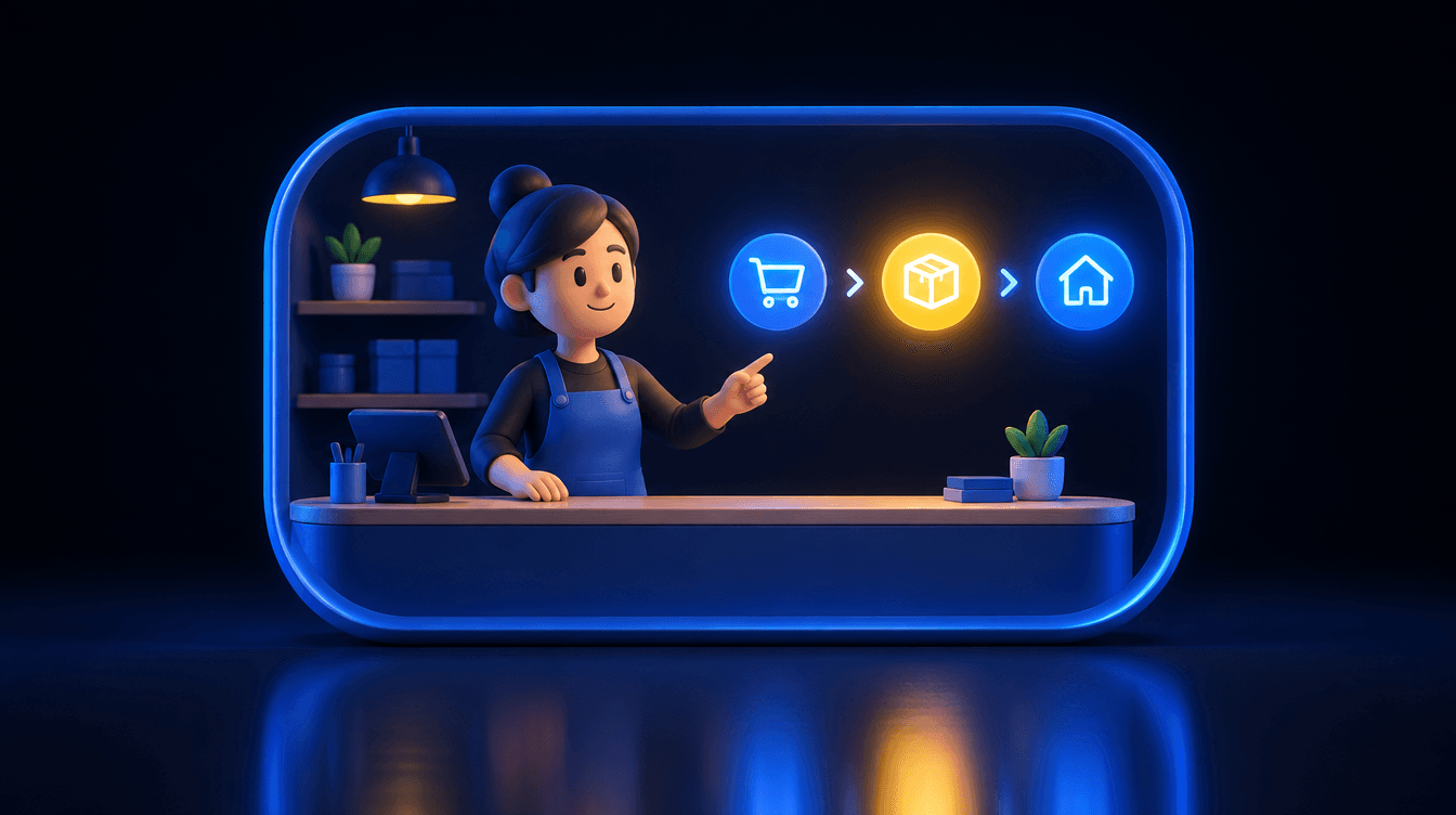 Personaje 3D sencillo junto al mostrador de una tienda señalando tres iconos luminosos, como en un vídeo explicativo.
