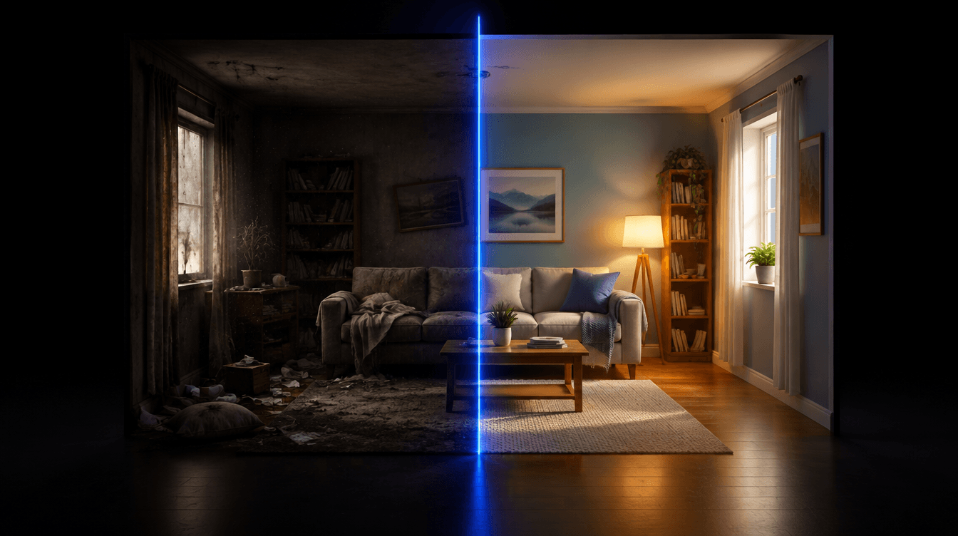 Una habitación dividida por una línea de luz azul: a un lado, sucia y desordenada; al otro, reformada y luminosa.