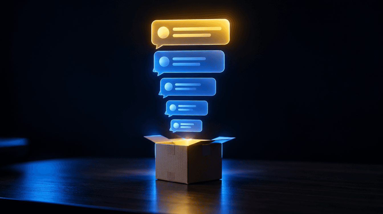 Burbujas de mensaje flotando que se ordenan en una lista de tarjetas sobre una caja de envío, con luz azul y un brillo amarillo.