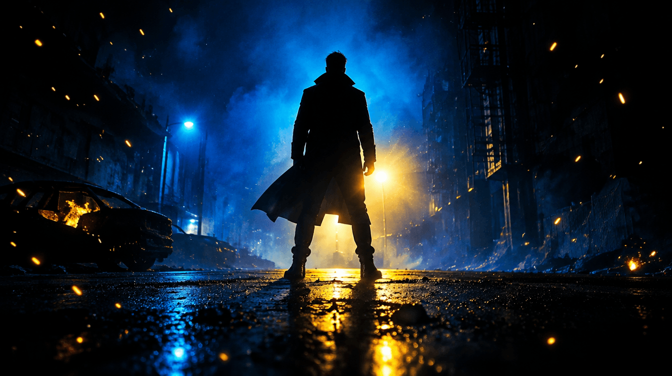 Silueta de un protagonista en una calle oscura con contraluz azul y un brillo amarillo, como en un cartel de cine.