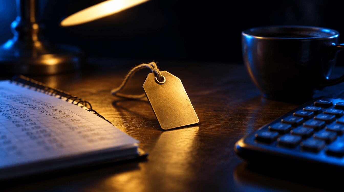 Etiqueta de precio sobre un escritorio con una libreta de cuentas y una calculadora, iluminada con luz azul y amarilla.