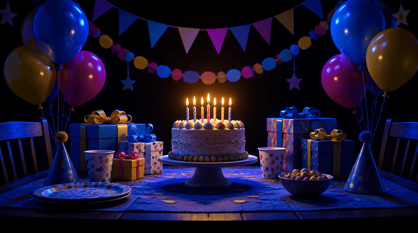 Una mesa de cumpleaños infantil con tarta y velas encendidas, globos y regalos, iluminada en azul sobre fondo oscuro.