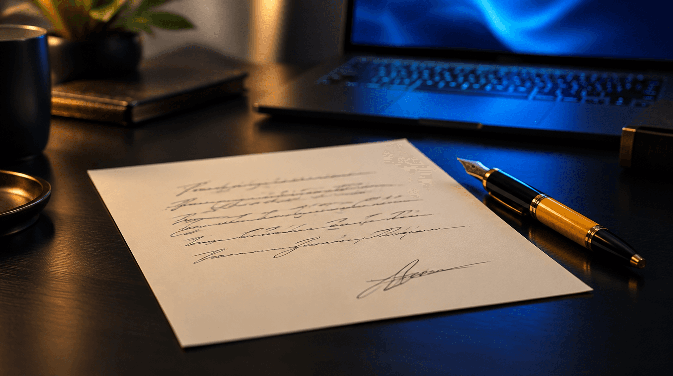 Una carta firmada sobre una mesa oscura junto a una pluma con detalle amarillo y un portátil iluminado en azul.
