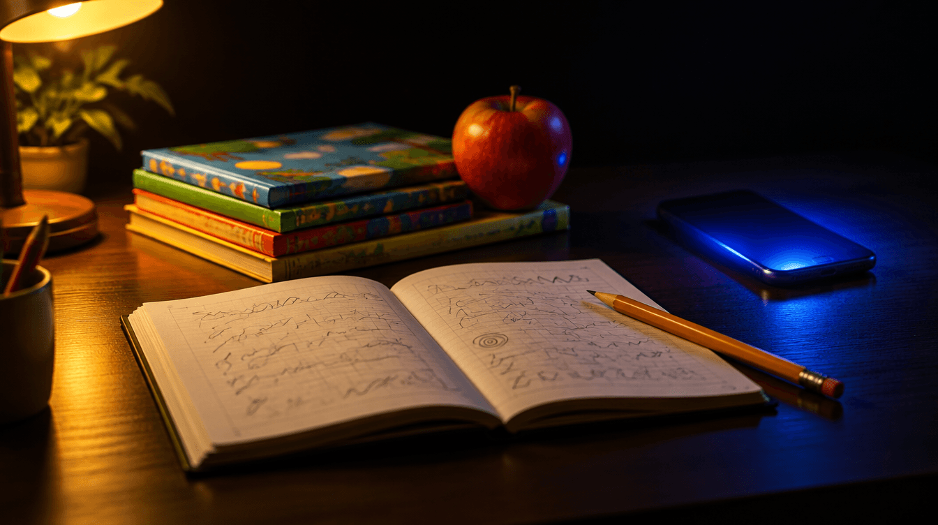 Un cuaderno abierto con un lápiz, libros escolares infantiles y una manzana junto a un móvil iluminado en azul sobre una mesa oscura.