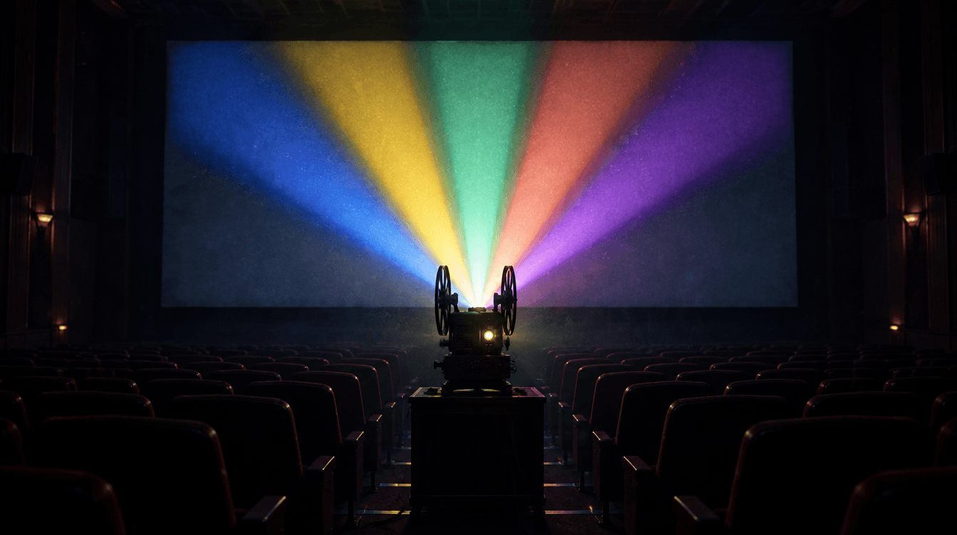 Un cine oscuro con un proyector cuyo haz de luz se divide en cinco rayos de colores sobre la pantalla.