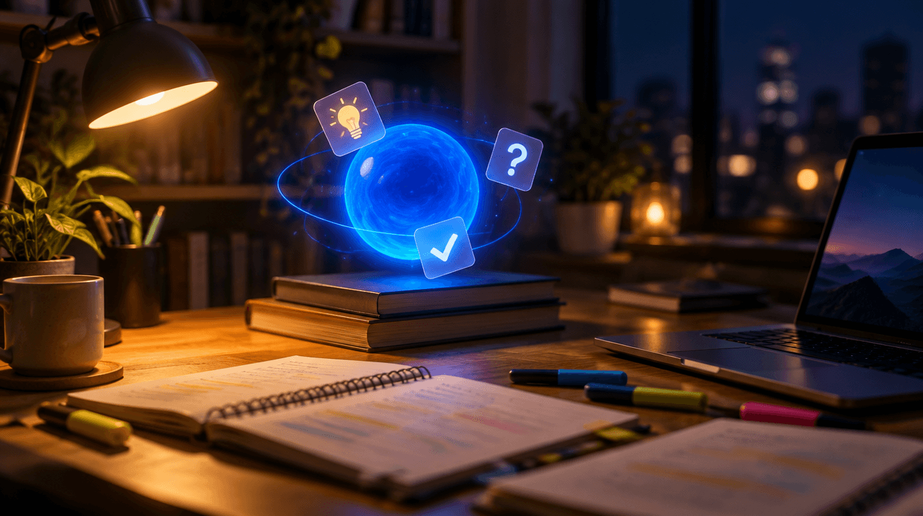 Escritorio de estudio por la noche con libros y un portátil, y una esfera de luz azul flotando sobre los apuntes.