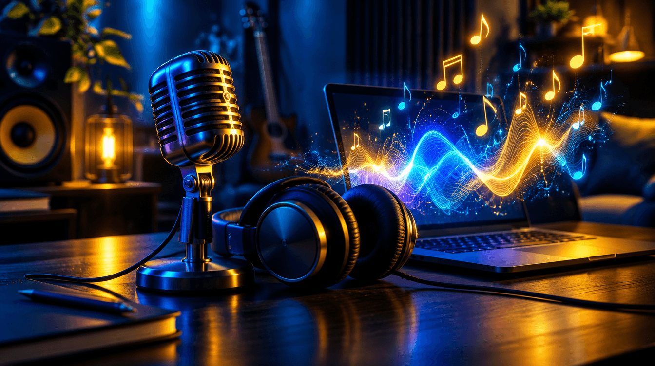 Micrófono y auriculares en un estudio oscuro, con ondas de sonido y notas musicales luminosas saliendo de un portátil.