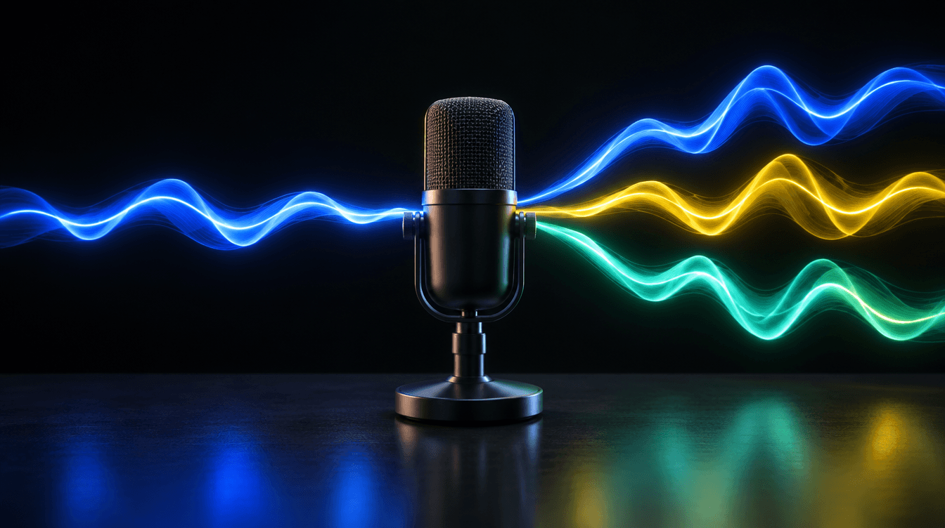 Micrófono de estudio del que sale una onda de sonido luminosa que se divide en varias ondas de colores.