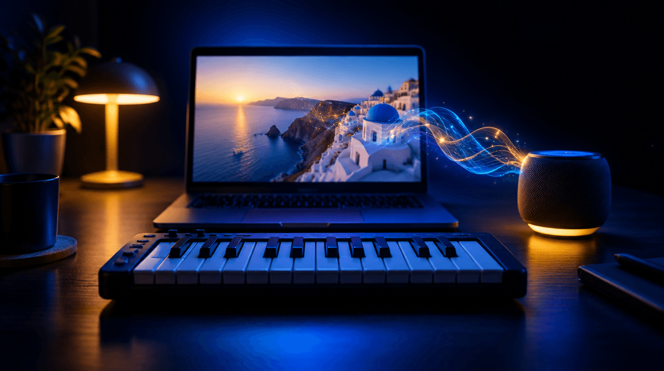 Teclado musical y altavoz frente a un portátil con un vídeo, con ondas de música luminosas que salen del altavoz.