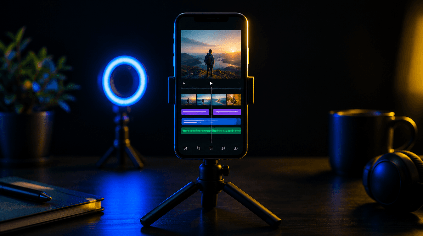 Móvil en un trípode con la línea de tiempo de un vídeo vertical y barras de subtítulos, iluminado con luz azul.