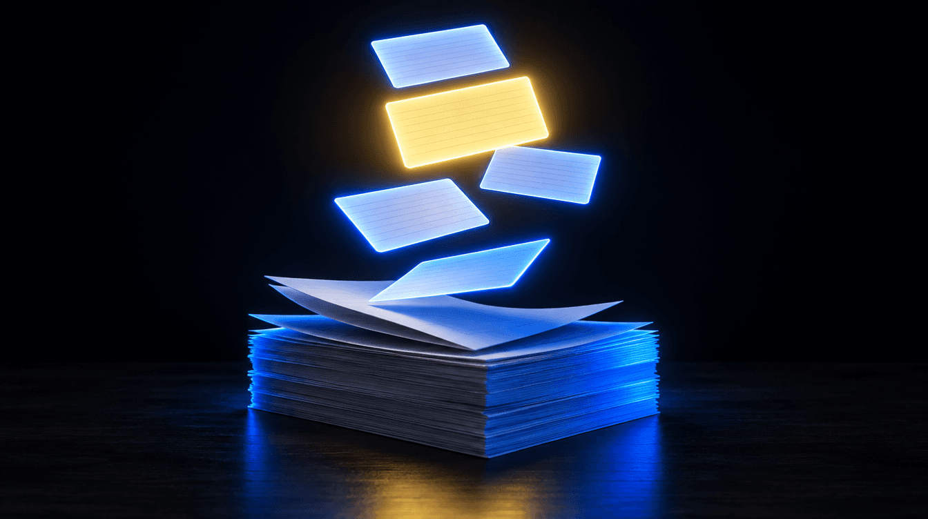 Una pila de documentos que se convierte en unas pocas tarjetas luminosas, con luz azul y una tarjeta destacada en amarillo.