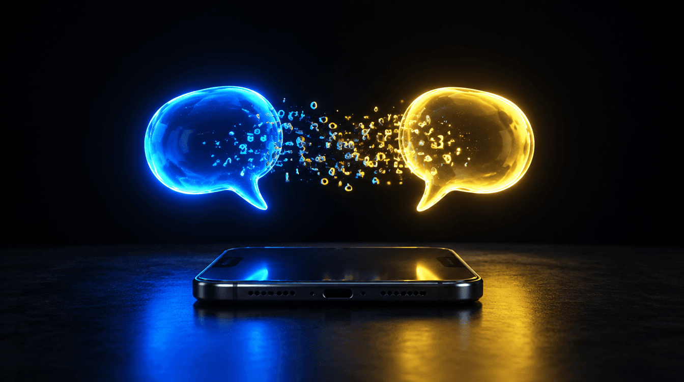Dos bocadillos de conversación luminosos, uno azul y otro amarillo, flotando sobre un móvil.