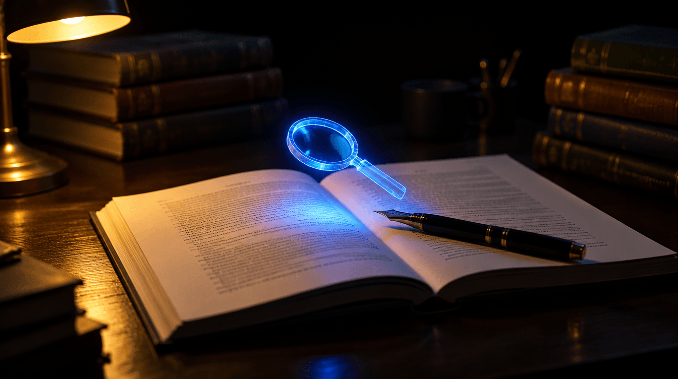 Un trabajo académico abierto sobre un escritorio de noche, con una pluma y una lupa de luz azul flotando sobre el texto.