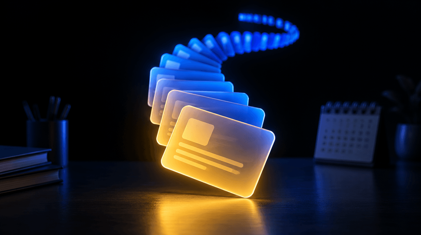 Tarjetas de estudio luminosas flotando en espiral sobre un escritorio oscuro, la primera en amarillo y el resto en azul.