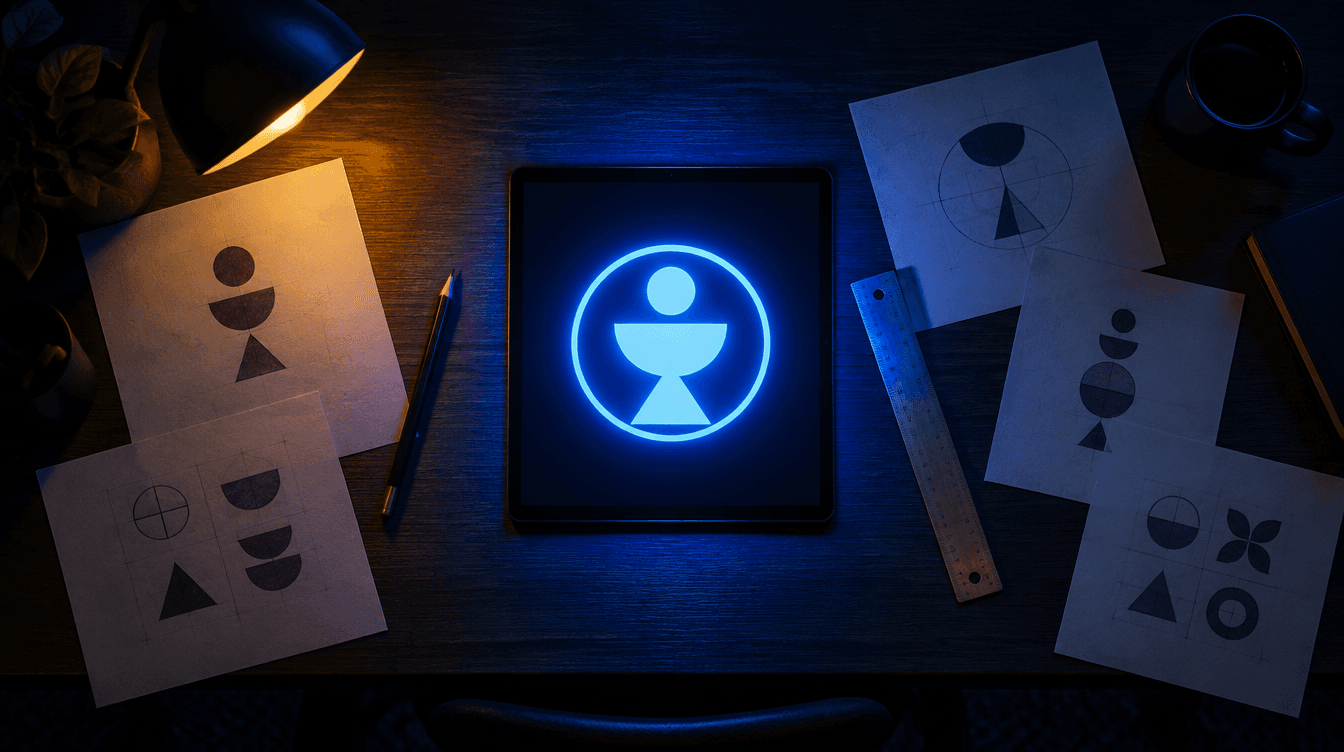 Mesa de diseño a oscuras con bocetos de símbolos geométricos y una tableta que muestra un emblema iluminado.