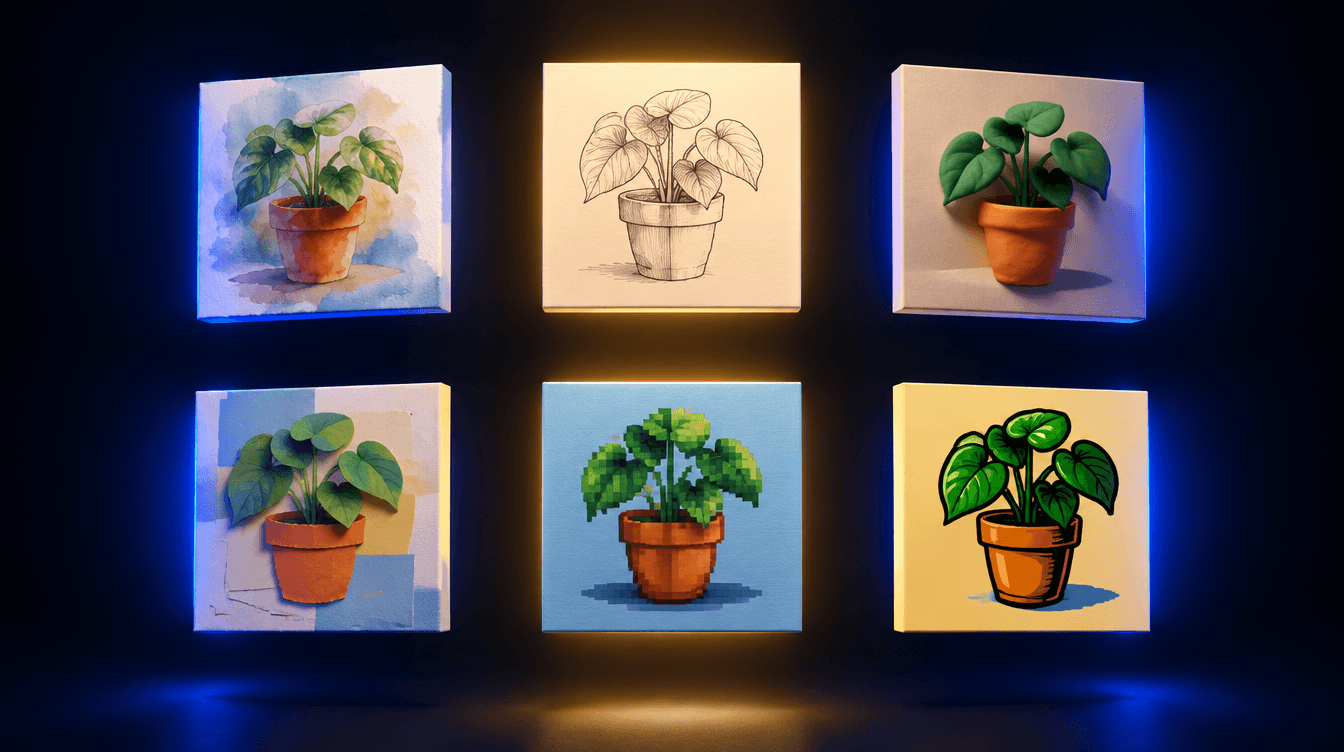 Seis lienzos flotantes con la misma planta dibujada en estilos distintos: acuarela, línea, plastilina, collage, píxeles y cómic.