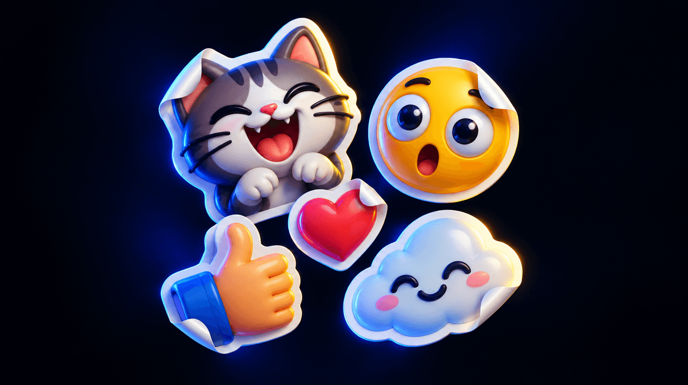 Pegatinas brillantes con borde blanco flotando en un fondo oscuro: un gato que ríe, una cara sorprendida y un corazón.
