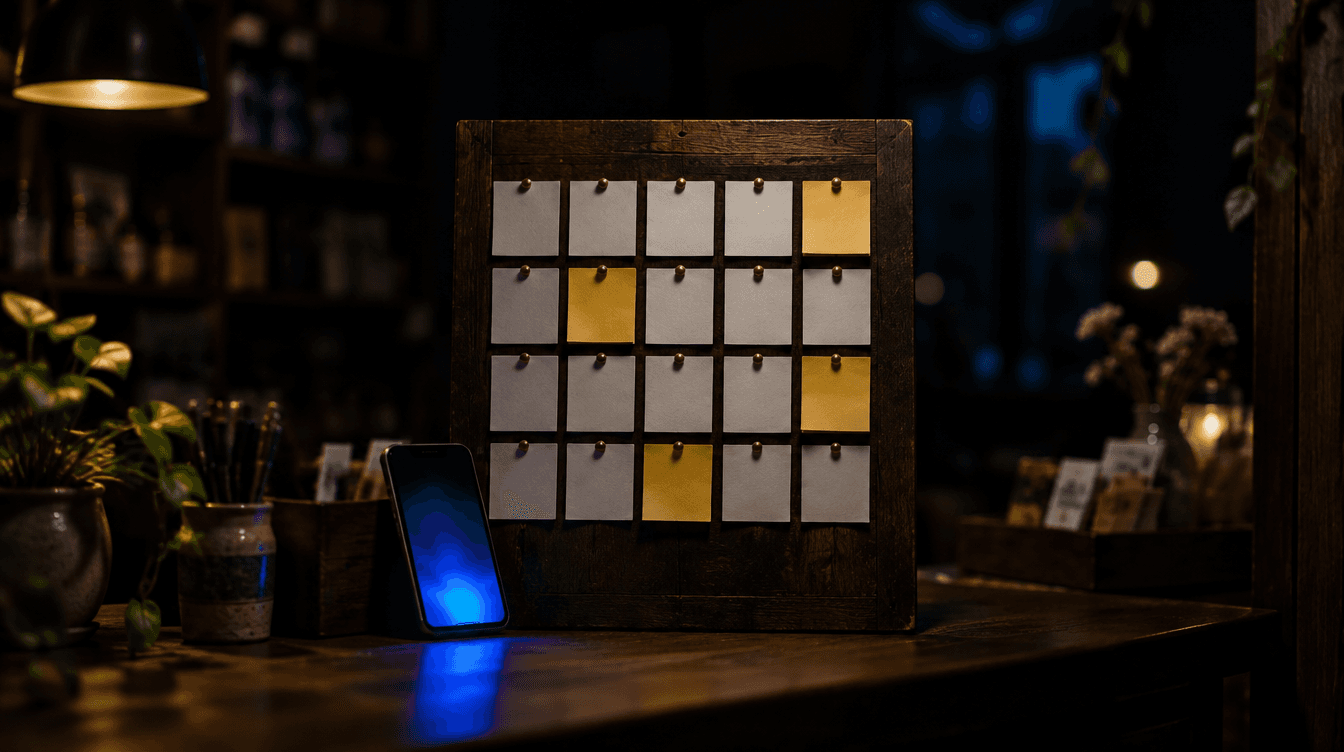 Un calendario de tarjetas en blanco con algunas notas amarillas, junto a un móvil que brilla en azul en una tienda en penumbra.