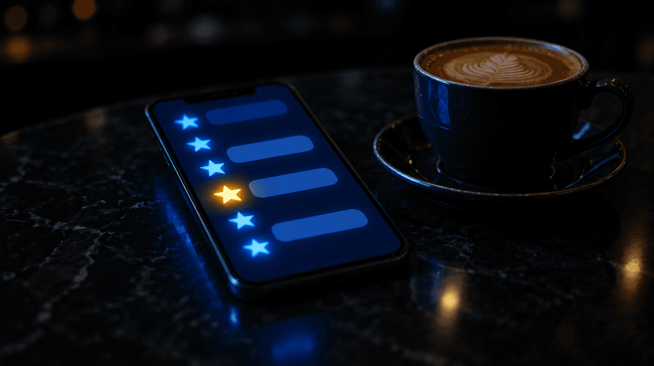 Un móvil sobre la barra de una cafetería con estrellas y burbujas de mensaje brillando en la pantalla, junto a una taza de café.