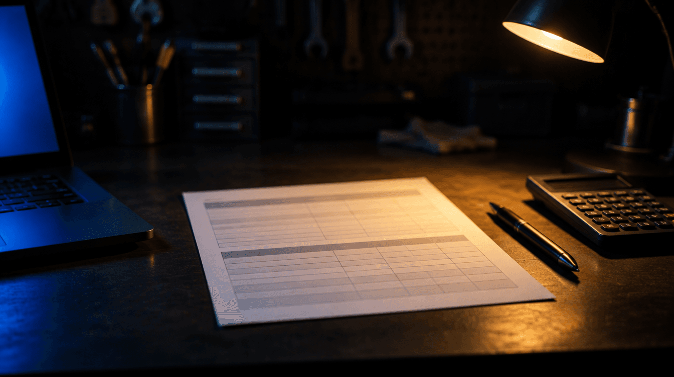 Un documento con una tabla sobre un escritorio oscuro, junto a una calculadora y un bolígrafo, iluminado por una lámpara cálida.