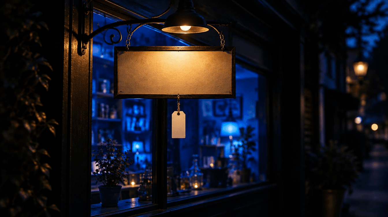 Un letrero en blanco cuelga frente al escaparate iluminado de una pequeña tienda al anochecer, esperando su nombre.