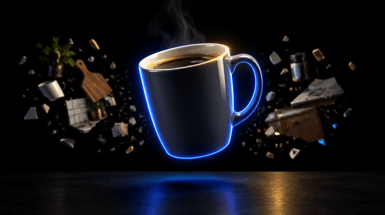 Una taza recortada que flota sobre un fondo oscuro mientras su fondo original se deshace en fragmentos, con el borde marcado en azul.