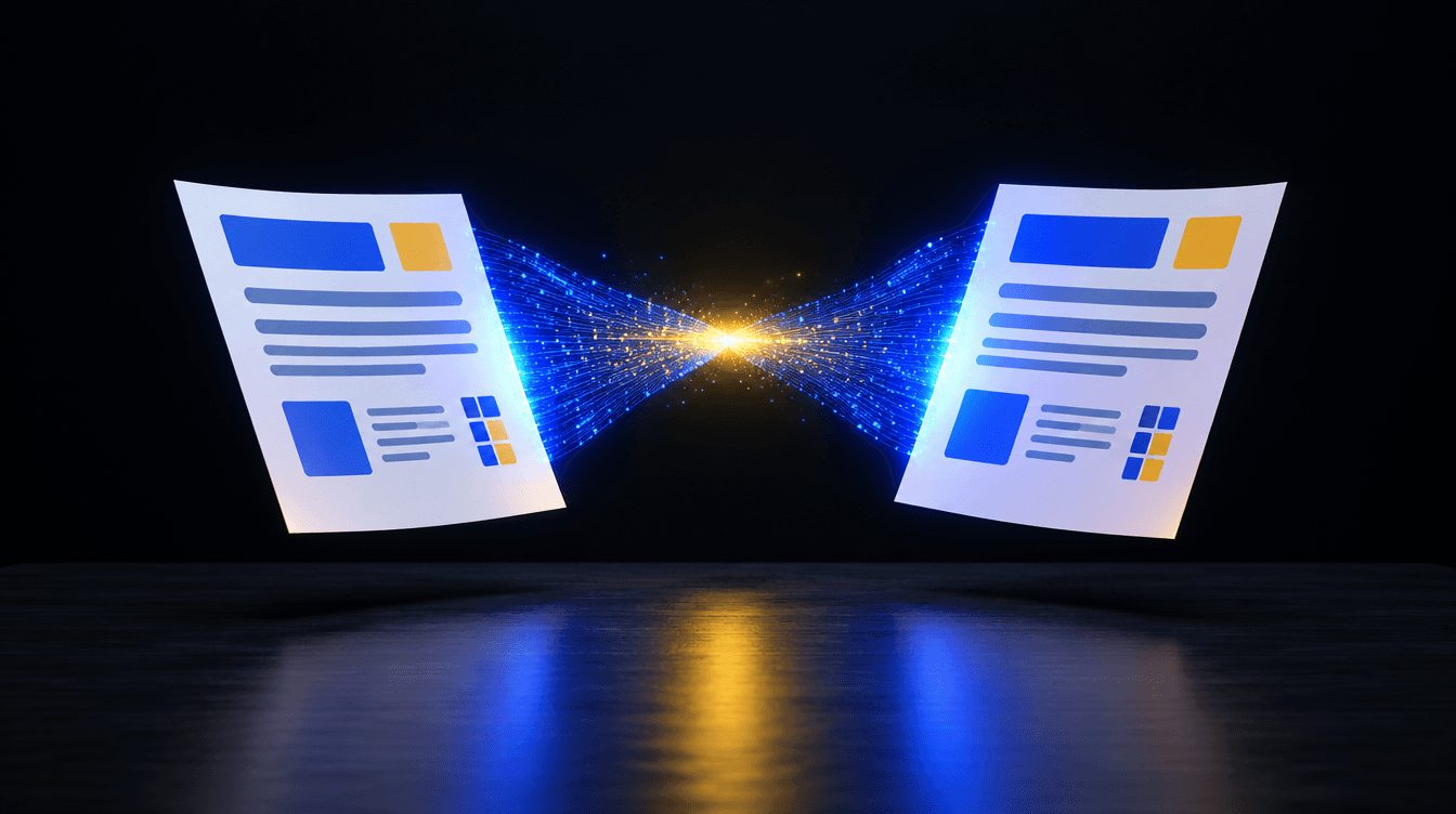 Dos hojas con el mismo diseño unidas por un puente de luz azul que fluye de una a otra.