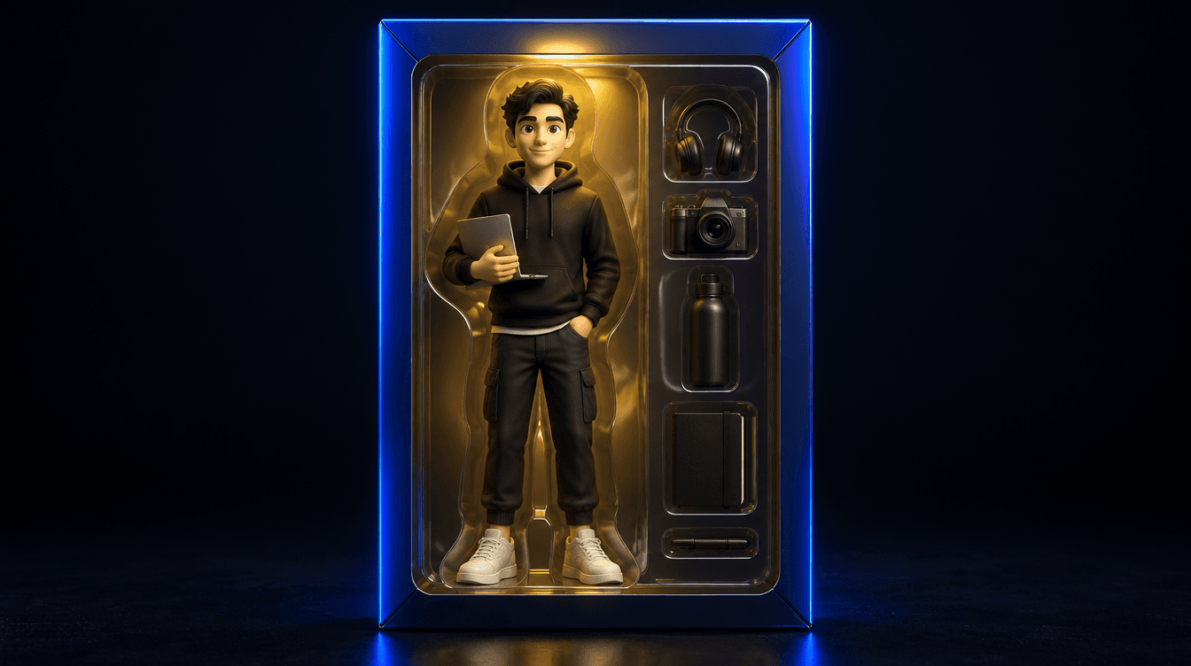 Una caja de juguete de coleccionista con una figura de acción y sus pequeños accesorios, iluminada en azul y amarillo.