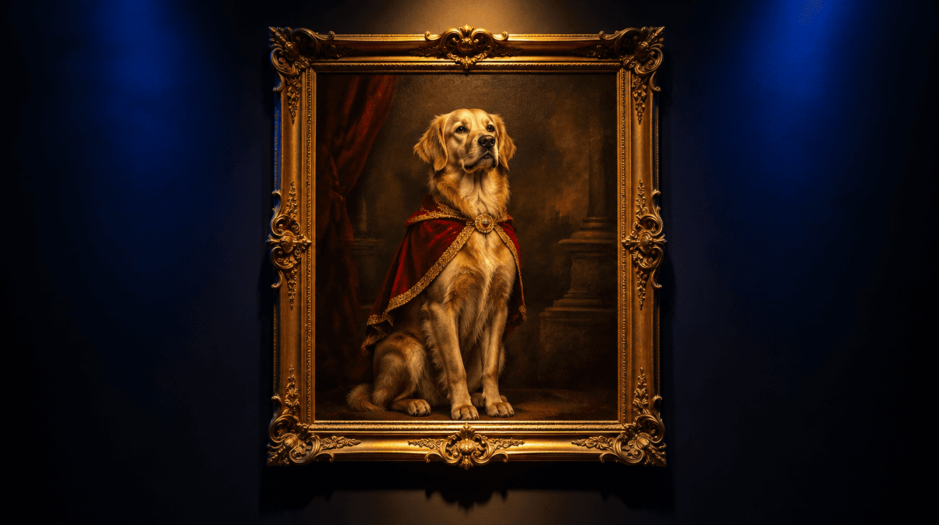 Un cuadro al óleo de un perro con capa roja en un marco dorado, iluminado por un foco amarillo sobre una pared oscura.