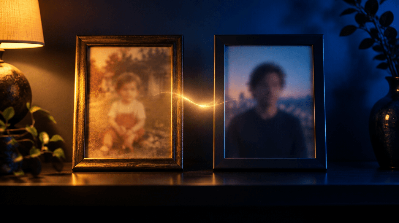 Dos fotos enmarcadas sobre una estantería oscura, una antigua de un niño y otra actual de un adulto, unidas por un brillo cálido.