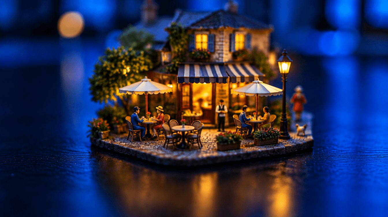 Una maqueta diminuta de una terraza con figuritas, fotografiada con efecto tilt-shift y luz azul y amarilla.