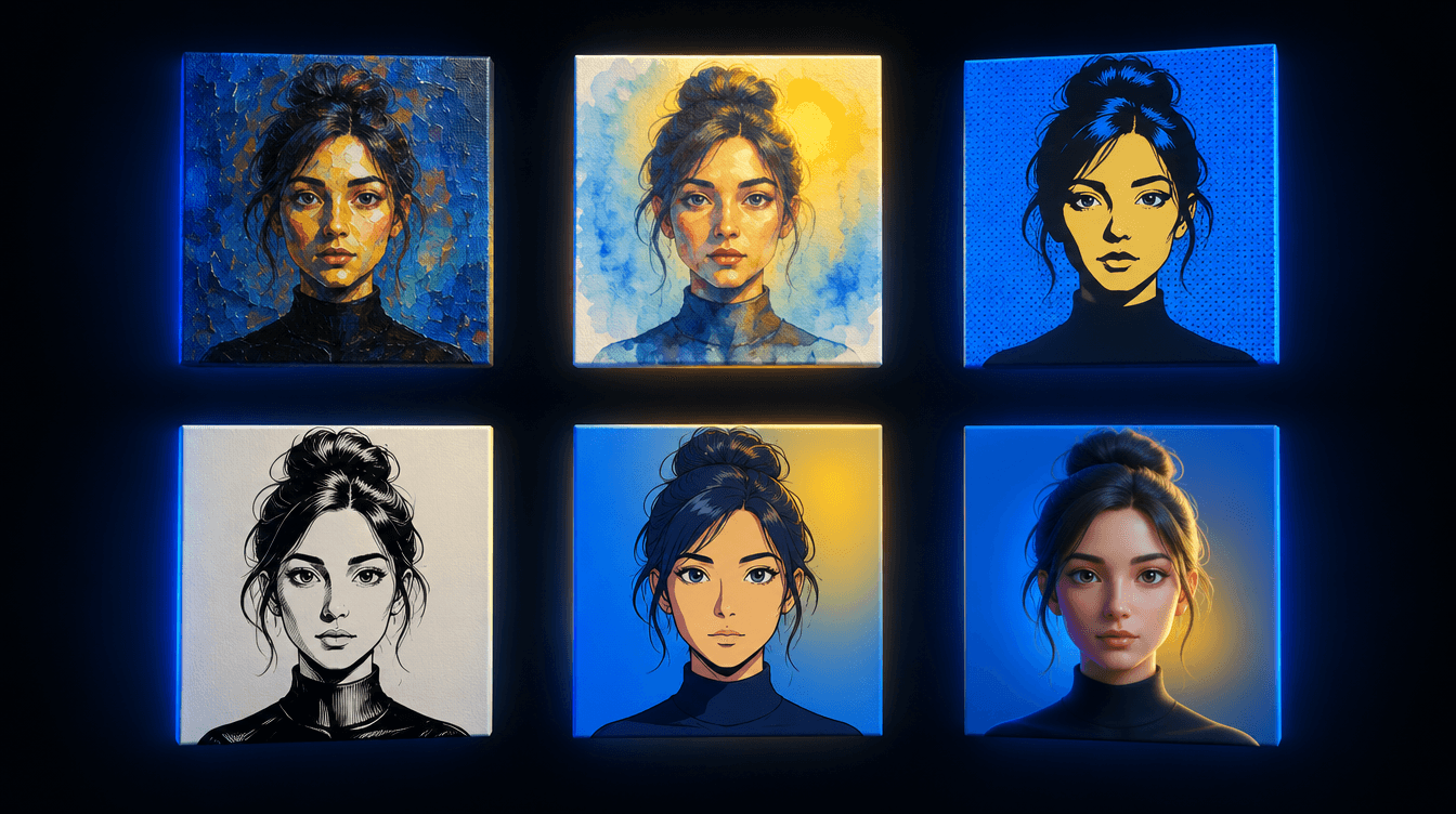 Seis lienzos flotantes con el mismo retrato en estilos distintos: óleo, acuarela, pop art, cómic, anime y 3D.