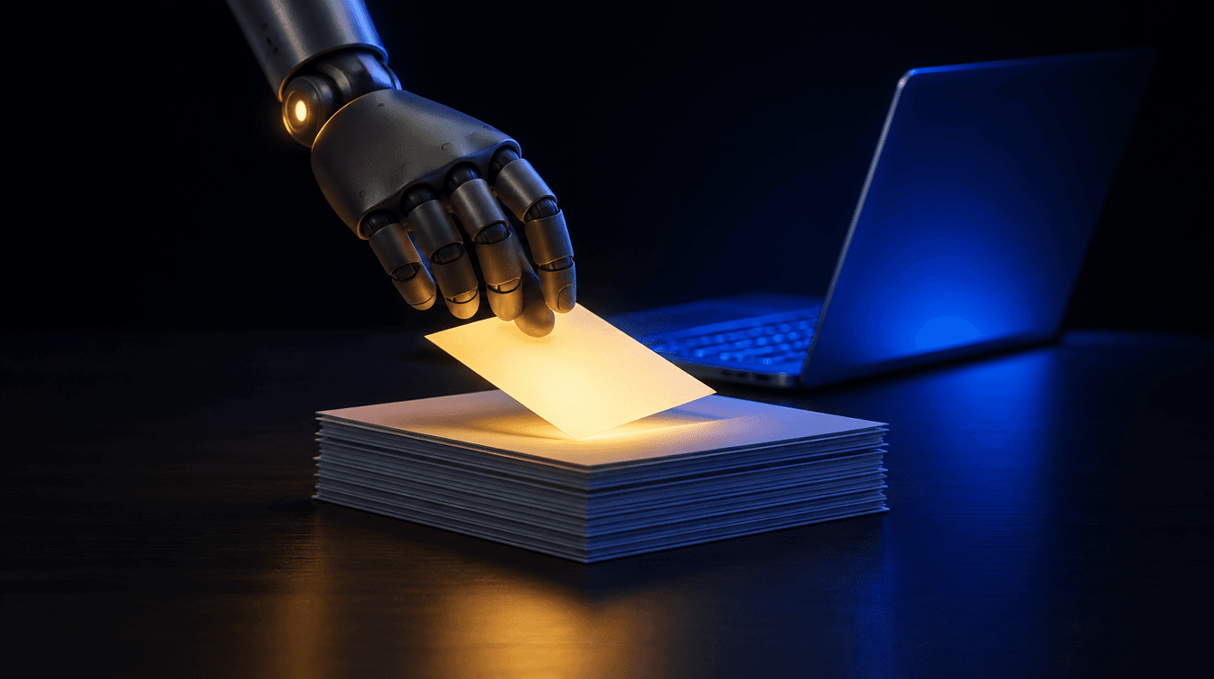 Una mano robótica de metal oscuro deja una tarjeta luminosa sobre una pila de documentos, junto a un portátil que brilla en azul.